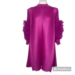 Fuchsia Pink 3/4 Ruffled Sleeve Dress Pleated Box Silhouette O/S Mock Neck NWOT